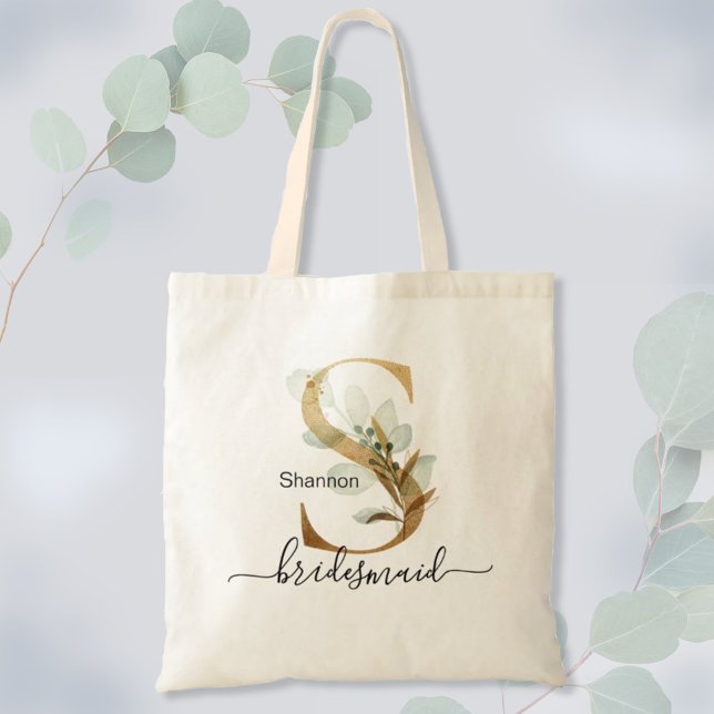 Bolso De Tela Bridesmaid Gold Leaf Green Foliage Monograma "S" (Subido por el creador)