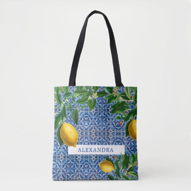 Bolso De Tela Bridesmaid Lemons Blue Tiles Personal (Anverso)