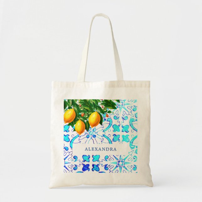 Bolso De Tela Bridesmaid Lemons Blue Tiles Personal (Frente)