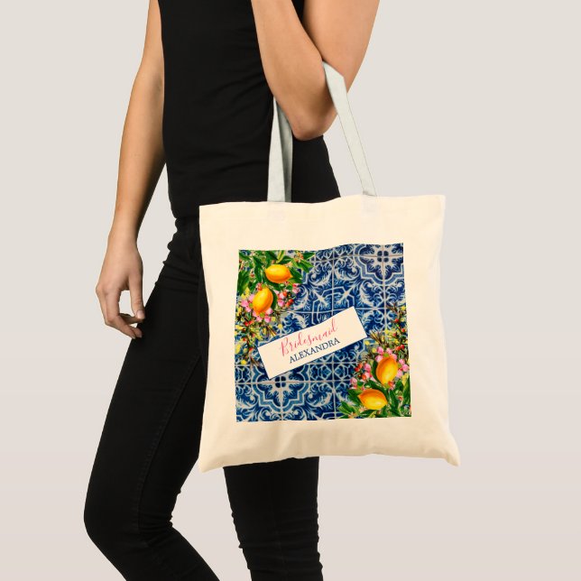Bolso De Tela Bridesmaid Lemons Floral Blue White Tile (Anverso (producto))