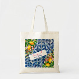 Bolso De Tela Bridesmaid Lemons Floral Blue White Tile