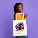 Bolso De Tela Bridesmaid regalos nombre personalizado rosas roja<br><div class="desc">La dama de honor entrega el nombre personalizado de la bolsa de tote floral de rosas rojas azul marino,  y hace un regalo encantador para los chicas de la fiesta nupcial.</div>
