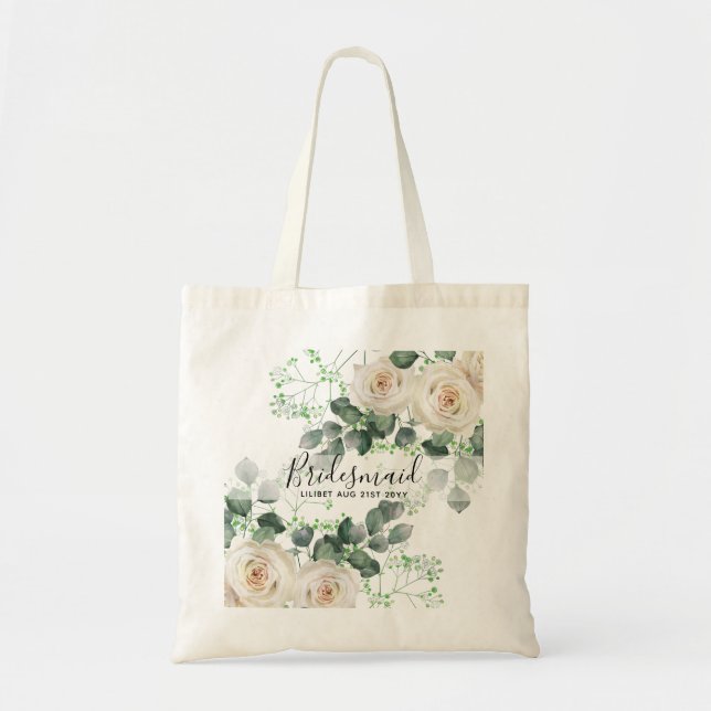 Bolso De Tela Bridesmaid Regalos White Roses Tema Personalizado (Frente)