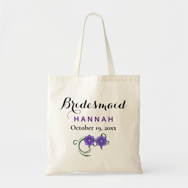 Bolso De Tela Bridesmaid Typografía moderna Boda morado floral (Frente)