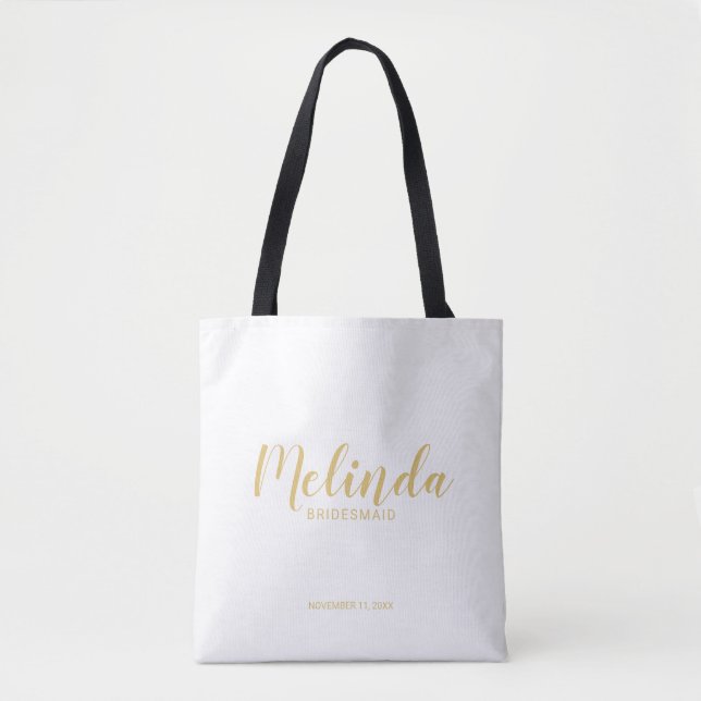Bolso De Tela Bridesmaids personalizadas de oro con guión modern (Anverso)