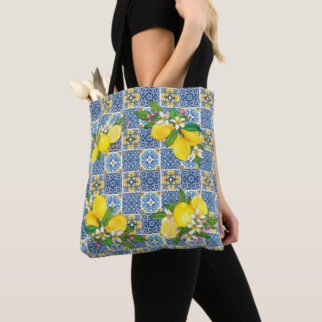Bolso De Tela Brillante Mediterráneo Sicilia Tiles Citrus Lemons (Detalle)