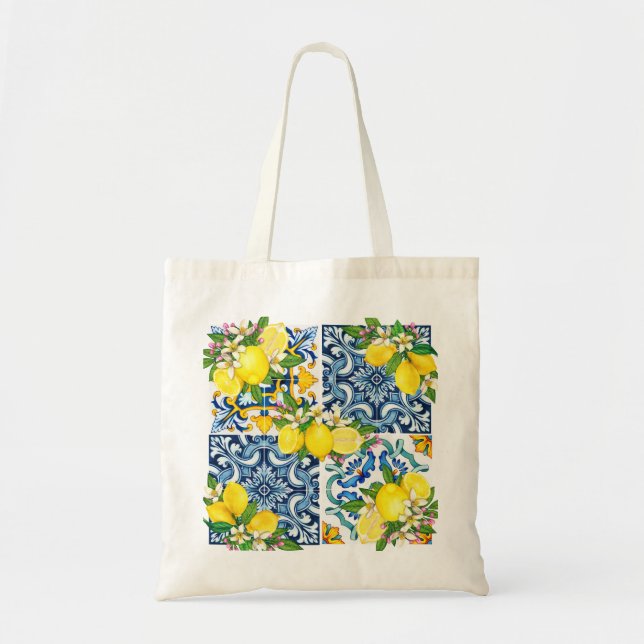 Bolso De Tela Brillante Mediterráneo Sicilia Tiles Citrus Lemons (Frente)
