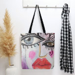 Bolso De Tela Brillantes Audaces Graffiti De Arte De Collage<br><div class="desc">Esta divertida y colorida bolsa de té diseñada usando mi original obra de arte de estilo collage con audaces labios rojos y ojos estrafalarios y con brotes de neón rosa, negro y blanco, morado, azul, y un poco de grafiti es perfecta para cualquier momento que estés de viaje. Llévalo de...</div>