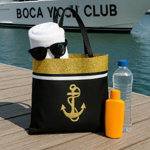 Bolso De Tela Brillo Chic y Ancla Náutica de Oro sobre Negro