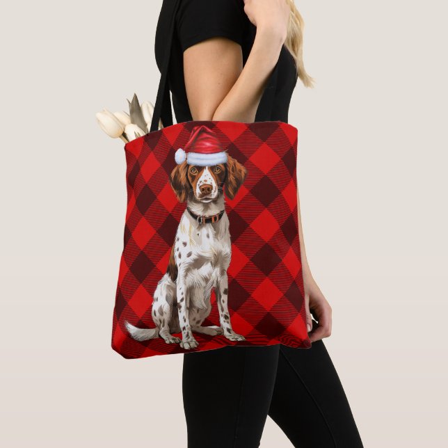 Bolso De Tela Brittany Spaniel Christmas Dog Red Seasonal Plaid (Detalle)