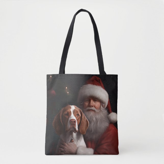 Bolso De Tela Brittany Spaniel Con Santa Claus Navidad (Anverso)