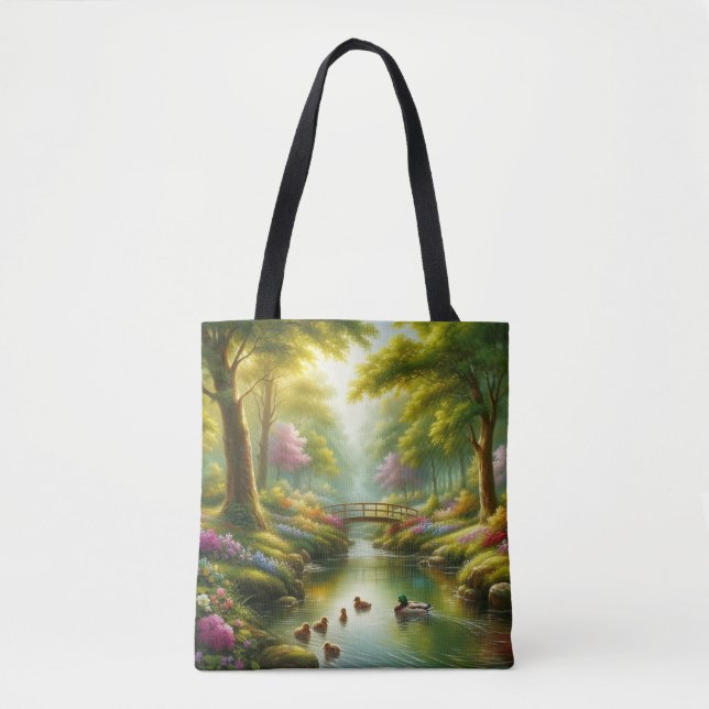 Bolso De Tela Brook de primavera con patos/flores (Anverso)