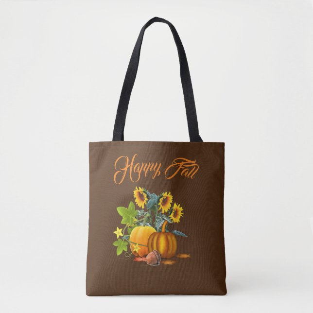 Bolso De Tela Brown Happy Fall con Calabaza y girasoles (Anverso)