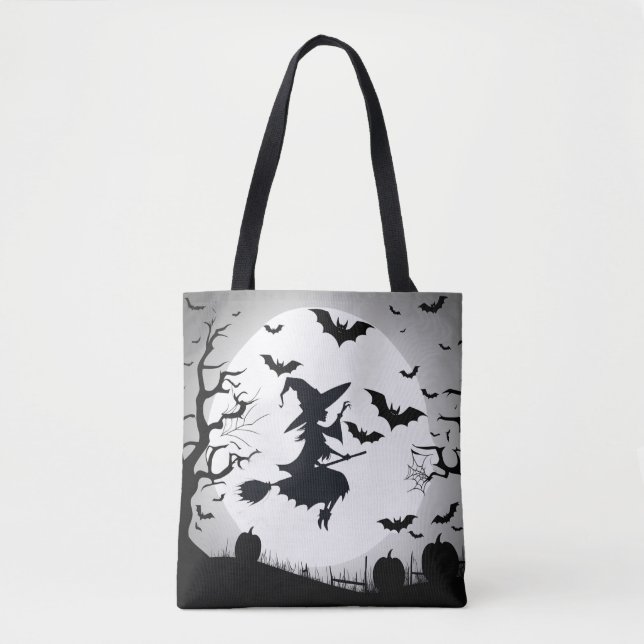 Bolso De Tela Bruja con murciélagos Gracioso Tema Halloween (Anverso)