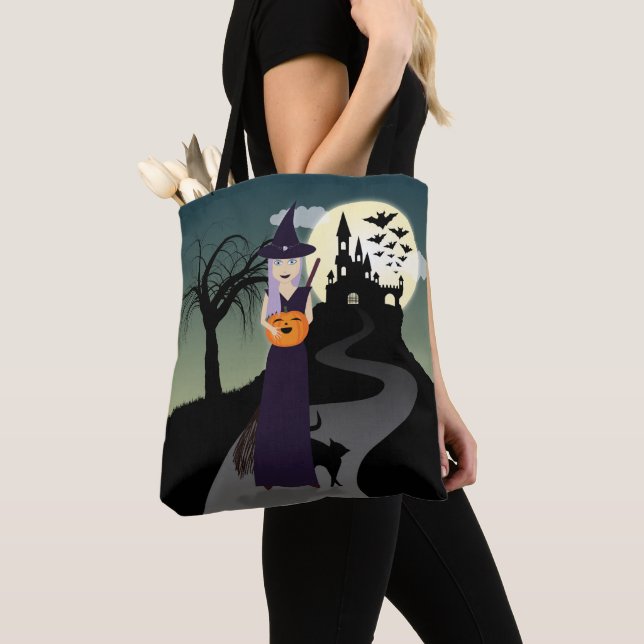 Bolso De Tela Bruja de Halloween, calabaza feliz y gato negro (Detalle)