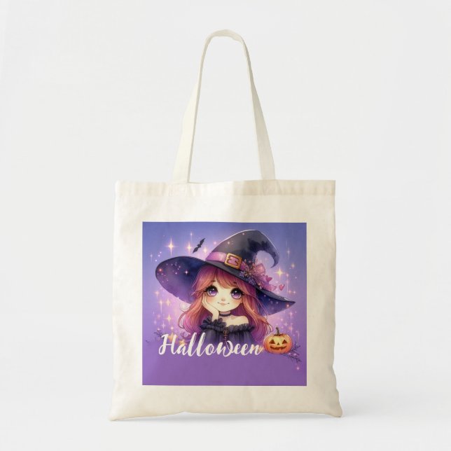 Bolso De Tela Bruja de Halloween con dibujos animados (Frente)