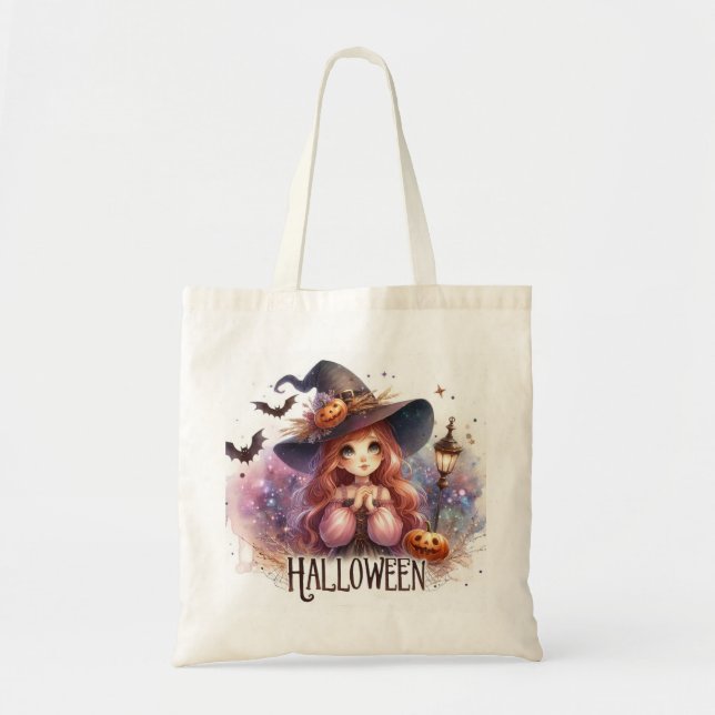 Bolso De Tela Bruja de Halloween con dibujos animados (Frente)