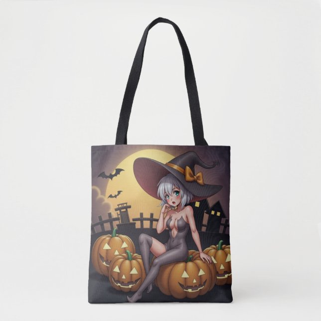 Bolso De Tela Bruja de Halloween con ojos verdes sobre Jack-O-La (Anverso)