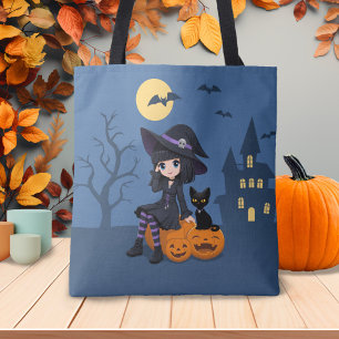Bolso De Tela Bruja de Halloween, gato negro y calabazas curvas