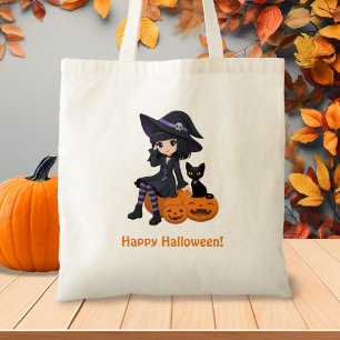 Bolso De Tela Bruja de Halloween, gato negro y calabazas curvas