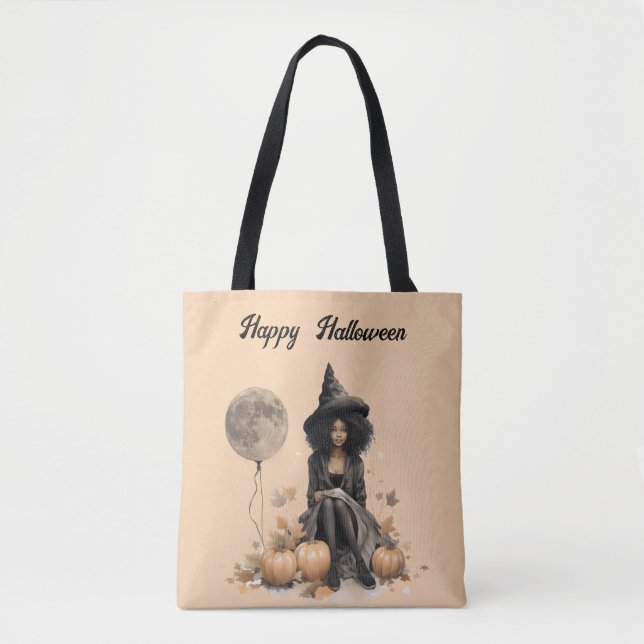 Bolso De Tela Bruja de Halloween y globo lunar completo (Anverso)
