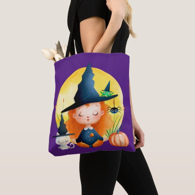 Bolso De Tela Bruja de yoga y acuarela de gato Halloween Purple (Detalle)
