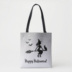 Bolso De Tela Bruja Elegante Gris y Negro Feliz Halloween