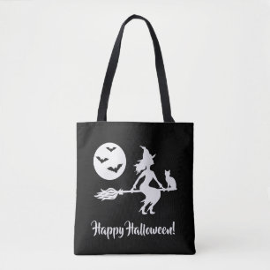 Bolso De Tela Bruja En Una Escoba Negro Y Blanco Feliz Halloween