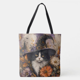 Bolso De Tela Bruja Gato Negro Floral Otoño Whimsigótico