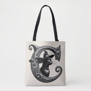 Bolso De Tela Bruja Gato Negro Letra C Inicial Personalizada