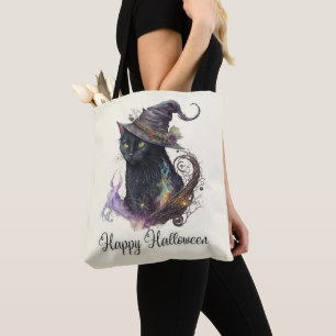 Bolso De Tela Bruja Gato Negro Sombrero Amarillo Feliz Halloween
