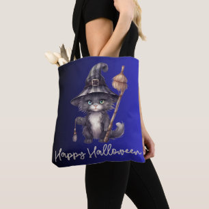Bolso De Tela Bruja Gato Negro Sombrero Escoba Azul Feliz Hallow