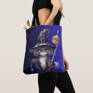 Bolso De Tela Bruja Gato Negro Sombrero Escoba Azul Ombre Hallow