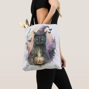 Bolso De Tela Bruja Gato Negro Sombrero Luna Llena Blanca Hallow