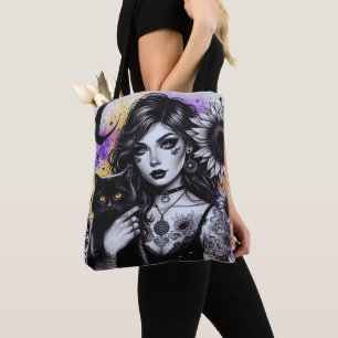 Bolso De Tela Bruja gótica celestial y gato negro