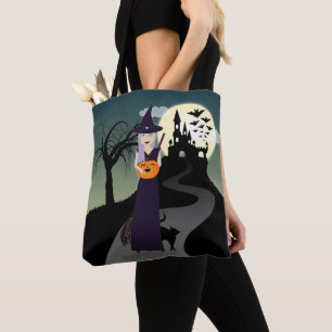 Bolso De Tela Bruja linda de Halloween, calabaza feliz y gato