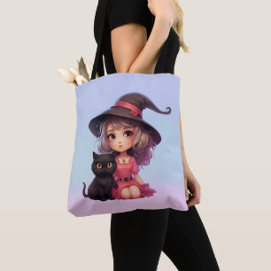 Bolso De Tela Bruja linda y gato negro Halloween rosa y azul