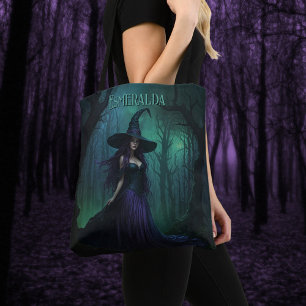 Bolso De Tela Bruja malvada de Halloween con nombre morado y neg