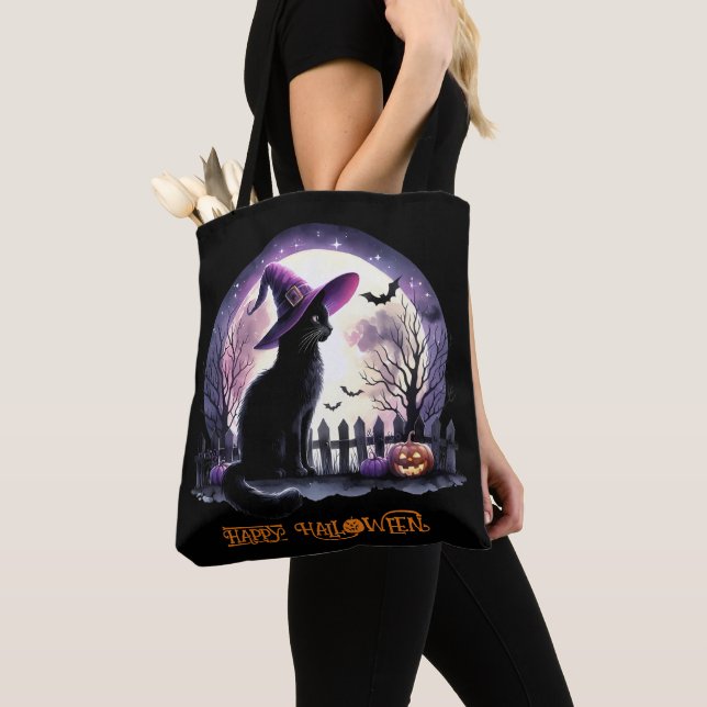 Bolso De Tela Bruja negra de gato y murciélagos de Halloween (Detalle)