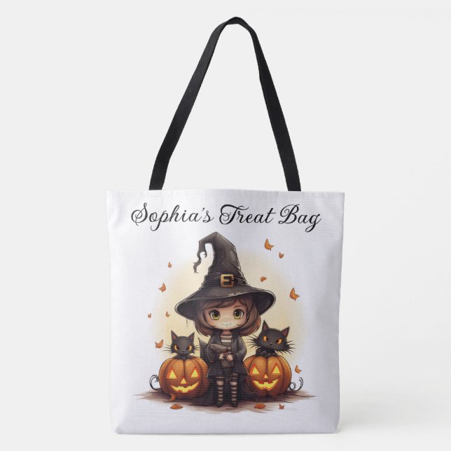 Bolso De Tela Bruja pura con gatos negros y calabazas (Anverso)