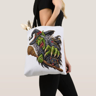 Bolso De Tela BRUJA SINIestra con ESCOBA y GATO NEGRO