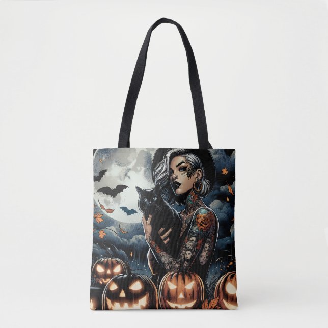 Bolso De Tela Bruja tatuada y gato negro Full Moon Halloween (Anverso)