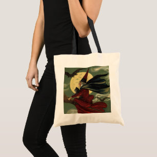 Bolso De Tela Bruja Vintage de Halloween montando escoba con gat