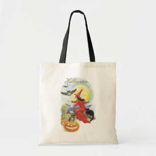 Bolso De Tela Bruja voladora con gato negro de Halloween vintage