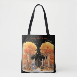 Bolso De Tela Bruja y gato fuera de la puerta Halloween
