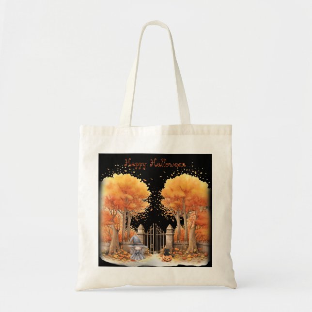Bolso De Tela Bruja y gato fuera de la puerta Halloween (Frente)