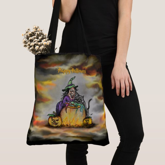 Bolso De Tela Bruja y gato negro, ¡Feliz Halloween! (Detalle)