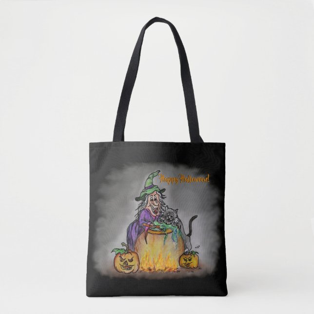 Bolso De Tela Bruja y gato negro, ¡Feliz Halloween! (Anverso)