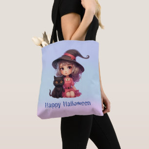 Bolso De Tela Bruja y gato negro rosa y azul Halloween