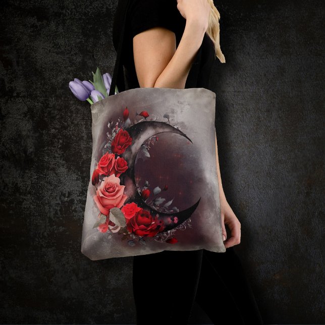 Bolso De Tela Brujería | Luna Crescent con rosas rojas góticas (Subido por el creador)